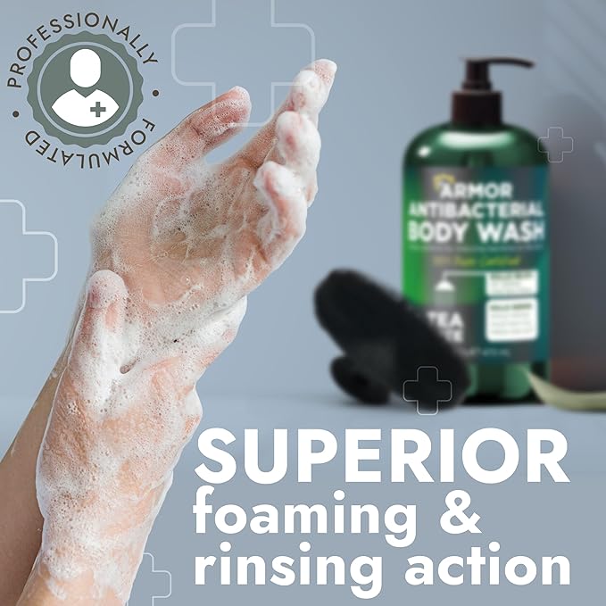 Antibacterial Body Wash with Tea Tree Oil | Antibacterial Soap for Men &amp Women | Kills 99.9% of Germs &amp Bacteria | Helps with Back Acne Body Odor &amp Skin Irritation | Includes Scrubber 16