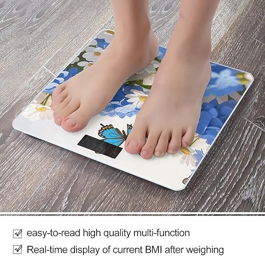 Hydrangeas Daisies Butterflies Scale for Body Weight Sturdy Tempered Glass Weighing Scales with LCD Display Accurate Digital Bathroom Scale Convenient Body Fat Smart Scales Easy Read
