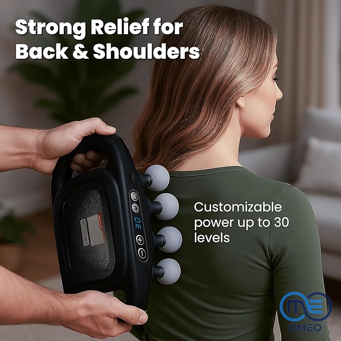 OMEO 16-Head Deep Tissue Massage Gun – Professional Percussion Massager with 30 Intensities &amp Quiet Motor | Portable Muscle Massager for Pain Relief Neck Back Shoulders &amp Legs (Black)