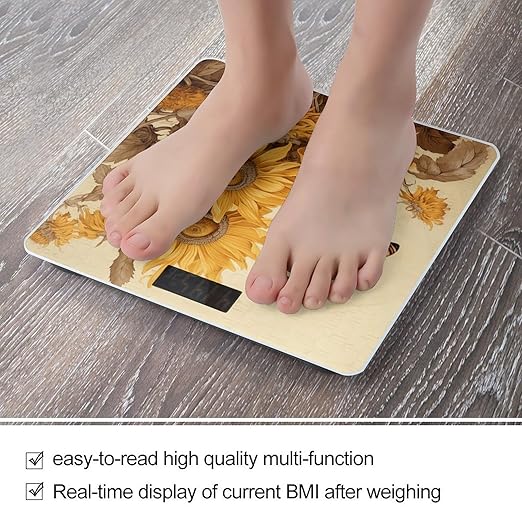 Bees and Sunflowers on Old Paper Bathroom Scale for Body Weight LCD Display Digital Bathroom Scale Tempered Glass Bathroom Weight Scales Fashion Smart Scales for Home Bedroom 400 Lb
