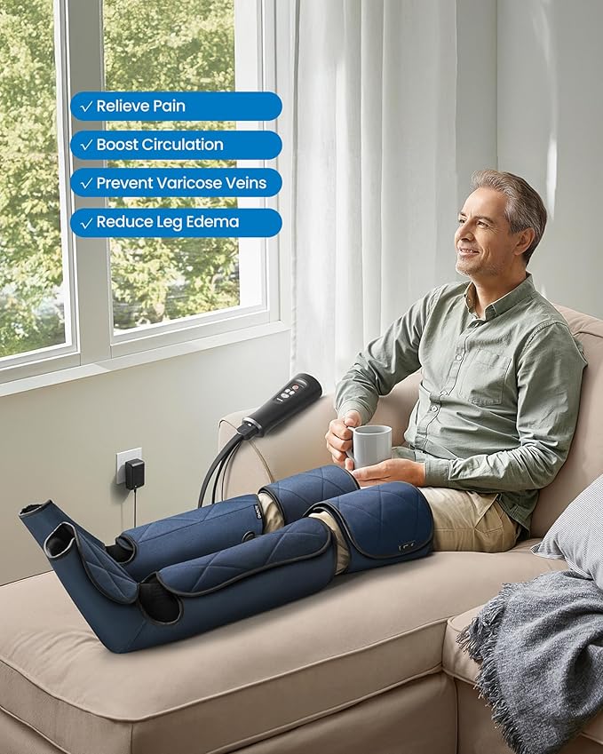 RENPHO Compression Leg Massager Air Compression Massager for Circulation Pain Relief Effective for Father Mother Reduce Swelling-Blue