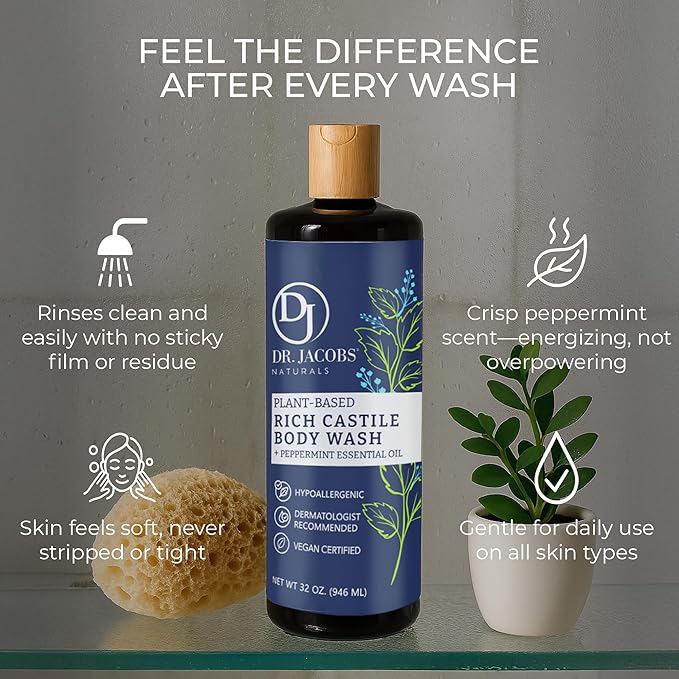 Dr. Jacobs Naturals Castile Peppermint All-Natural Body Wash for Moisturizing Dry and Sensitive Skin with Plant-Based Ingredients with Pump - 32 Ounce