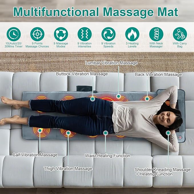 Full Body Massage Mat with Heat 10 Vibration Nodes Massage Chair Pad with 3 Heating Levels Anti-Slip Bottom Relaxation Seat Back Massager with Head Neck Pillow for Home Office
