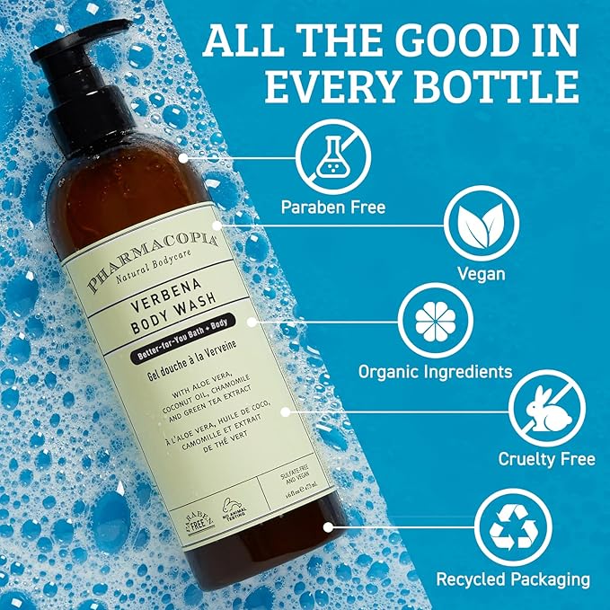 Pharmacopia Verbena Body Wash - Natural Shower Gel Moisturizing and Nourishing Body Cleanser - Infused with Organic Aloe Vera Coconut Oil and Green Tea Extract - Vegan and Cruelty-Free 16 oz