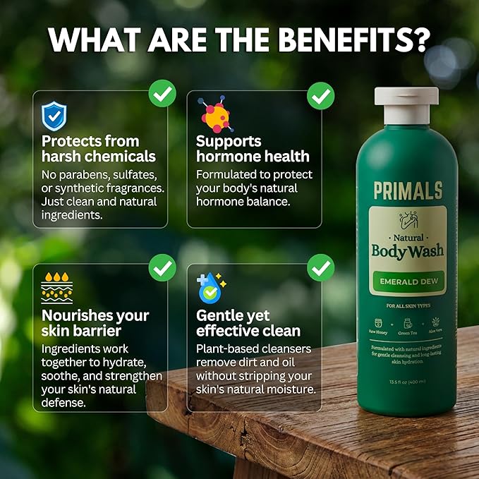 PRIMALS Natural Body Wash - Aloe Vera Raw Honey Green Tea - Natural Ingredients - Zero Artificial Fragrances Sulfates Parabens or Dyes - 13.5 Fl Oz