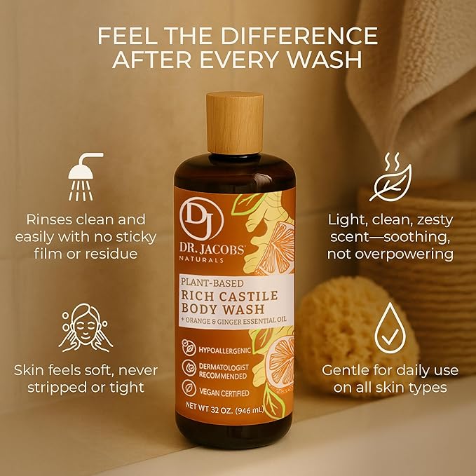 Dr. Jacobs Naturals Pure Castile Soap Liquid Body Wash Orange &amp Ginger - Plant Based Soap Infused with Vitamin E &amp Aloe Vera to Moisturize Dry and Sensitive Skin - Made in The USA - 32 oz Pa