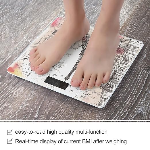 French Paris Tour Eiffel Tower Scale for Body Weight Highly Accurate Digital Bathroom Scale Sturdy Tempered Glass Weighing Scales with LCD Display Fashion Body Fat Smart Scales 400lb