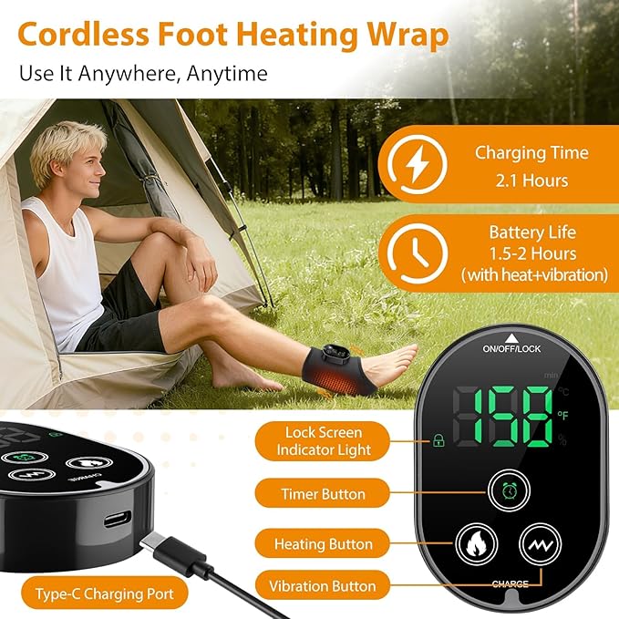 Cordless Ankle Massager with Heat Foot Massager Ankle Heating Pad Wrap for Pain Relief 6 Heats 3 Vibrations Timer &amp Auto Shut Off