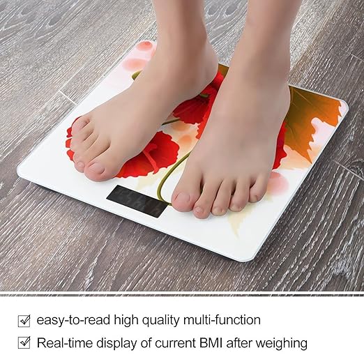 Poppy Flowers Vivid Petals Weight Scale Digital Electronic Scales Bathroom Scale Larg LCD Backlight Display High Precision MeasurementsTempered Glass