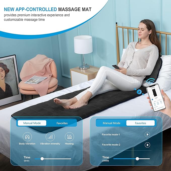 COMFIER Full Body Massage Mat with Heat &amp Vibration - 10 Motors App Control Movable Shiatsu Neck Pillow &amp 4 Heating Pads for Neck Shoulders Back Black