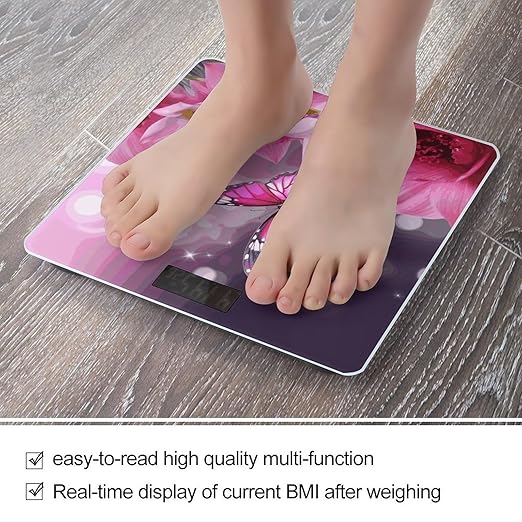 Pink Flower and Butterfly Bathroom Scale Automatic Power On/Off Body Scales LCD Backlight Display Square Digital Scale Rounded Corners Bathroom Scales for Home Bedrooms