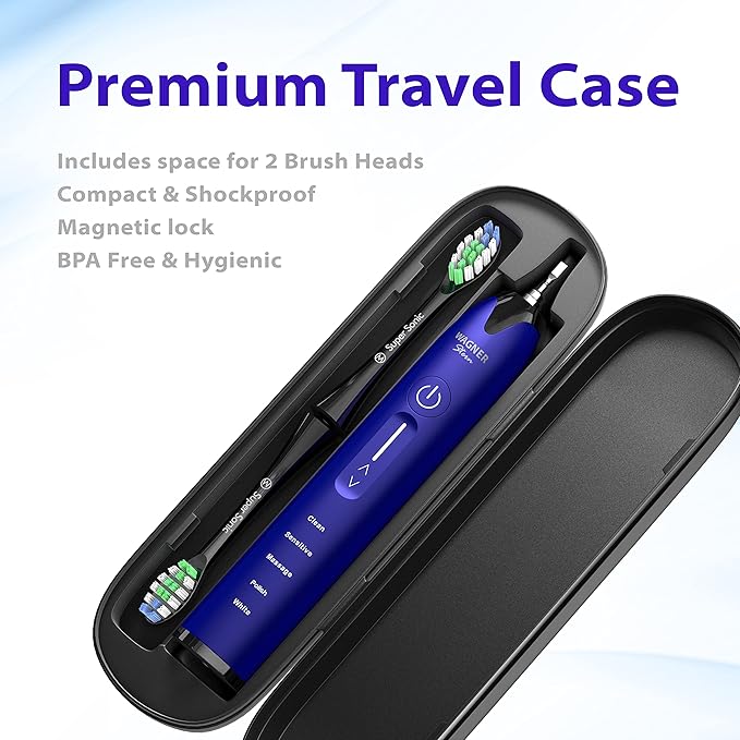Wagner Stern Ultrasonic whitening Toothbrush with Pressure Sensor. 5 Brushing Modes and 4 Levels of Intensity 8 Soft bristles Travel case.