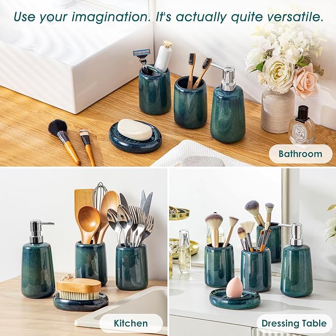 vancasso Green Bathroom Accessories Set Ceramic Soap Dispenser and Toothbrush Holder Sets Stoneware 4 Pcs Bathroom Sink Set for Modern Home Decor Series Starry