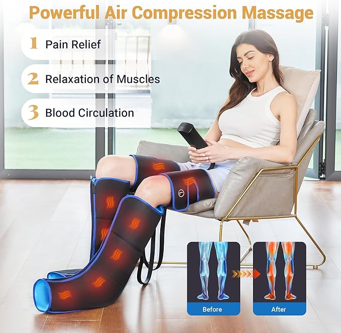 Leg Massager for Circulation and Pain Relief Air Compression Massager with 3 Level Heat 6 Modes 3 Intensities