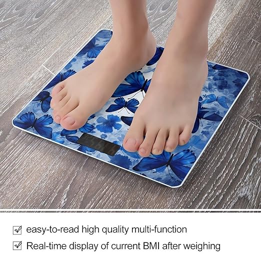 Blue Butterflies Scale for Body Weight Safe Rounded Corners Tempered Glass Digital Bathroom Scale LED Display 400lb Capacity Weight Scales with High Precision Sensors