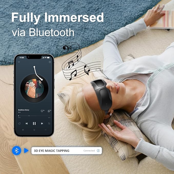 Fullicon Eye Massager with Heat &amp Vibration Ultra Light Migraine Relief Products Foldable Mask with Bluetooth Music Face Massager with Type-C Charging 5 Modes FSA Eligible Items Only List (Bla