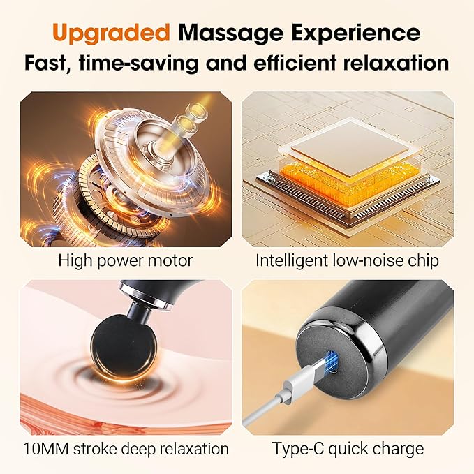Brushless Motor Massage Gun with Upgraded Extension Handle Back Massager for Pain Relief Deep Tissue with 4 Massage Heads &amp 5 Speed Levels &amp 3 Massage Modes Black Silver
