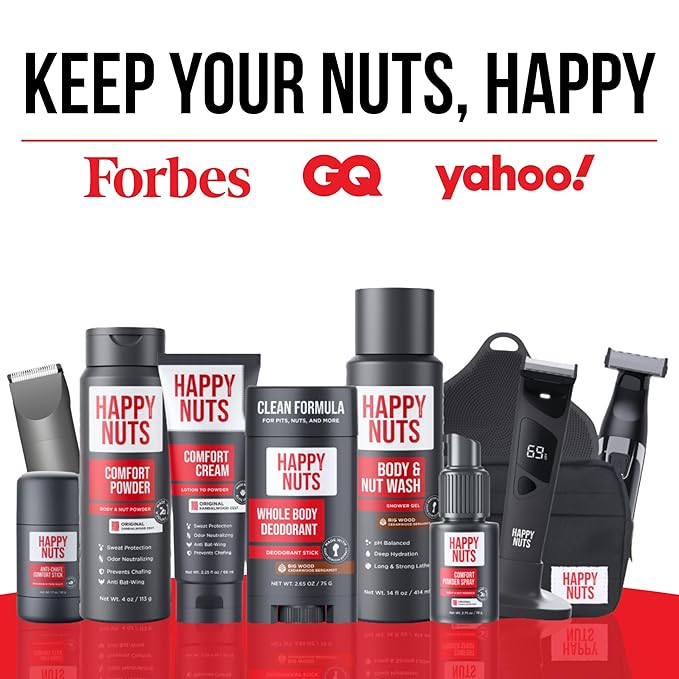 Happy Nuts Comfort Bundle - Comfort Cream Body Wash and Powder Spray - Anti-Chafing Sweat Defense and Men's Shower Body Wash