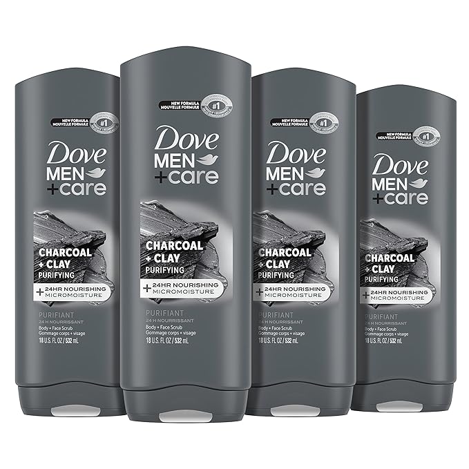 DOVE MEN + CARE Elements Body Wash Charcoal + Clay 4 Count For Men's Skin Care Effectively Washes Away Bacteria While Nourishing Your Skin 18 oz
