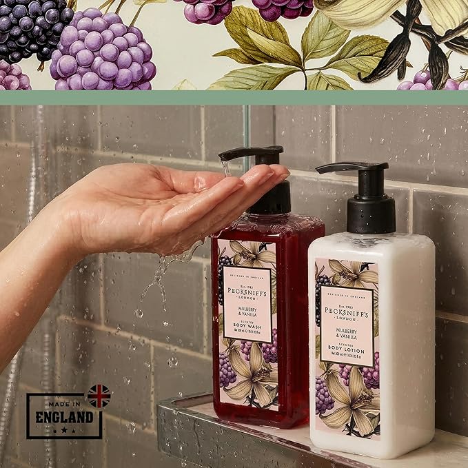 Pecksniff's Body Care Duo Tin Box – Wildwood Mulberry &amp Vanilla 300ml Body Wash and 300ml Body Lotion Gift Set Luxury Skincare Collection with Reusable Tin Moisturizing &amp Nourishing for Dail