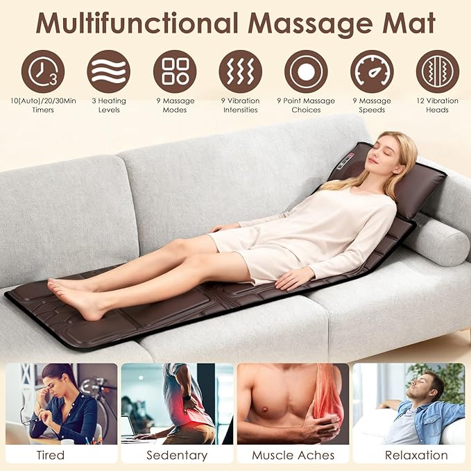 KOCASO PU Leather Full Body Massage Mat Multifunctional Massage Chair Pad with Heat Timer Shiatsu Neck Massager Carry Bag Earplugs Anti-Slip Bottom for Reclining Chair