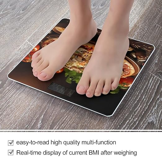 Pizza with Mushrooms and Tomatoes on Top Bathroom Scale Rounded Smart Scale for Body Weight Automatic Power On/Off Weight Scales Accurate Bathroom Digital Scales for Pet Home Bedroom Kitchen