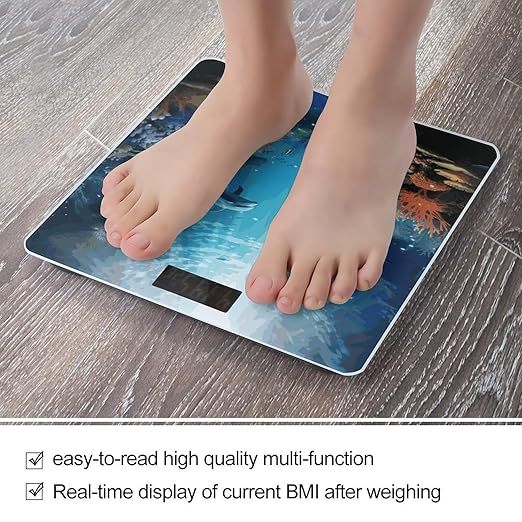 Blue Ocean Underwater Fish Bathroom Scale for Body Weight Bathroom Digital Electronic Weighing Scale with Back Lit LED Display Sturdy Tempered Glass Weight Watchers Scales 400lb
