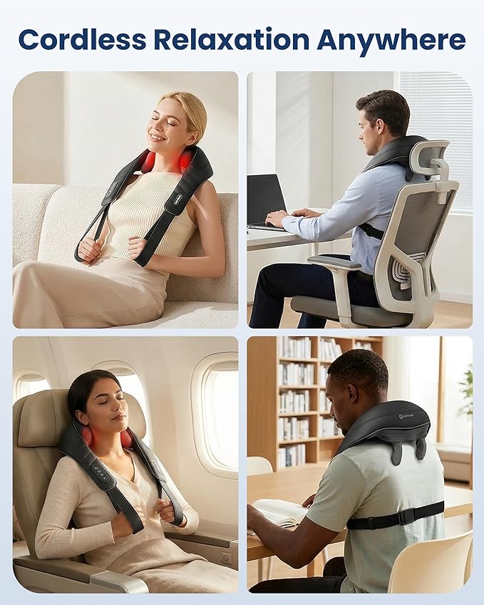 COMFIER Hands-Free Neck and Shoulder Massager with Heat Cordless 4D Deep Tissue Kneading Back Massager Rechargeable Shiatsu Massage for Pain Relief Home Office &amp Housework