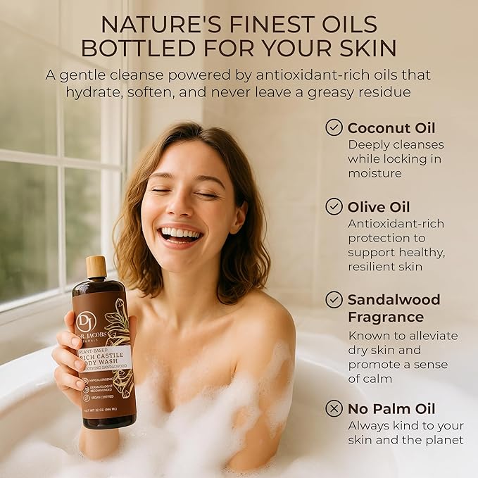 Dr. Jacobs Naturals Pure Castile Soap Liquid Body Wash Sandalwood - Plant Based Soap Infused with Vitamin E and Aloe Vera to Moisturize Dry and Sensitive Skin - Made in the USA - 32 oz Pack of 2