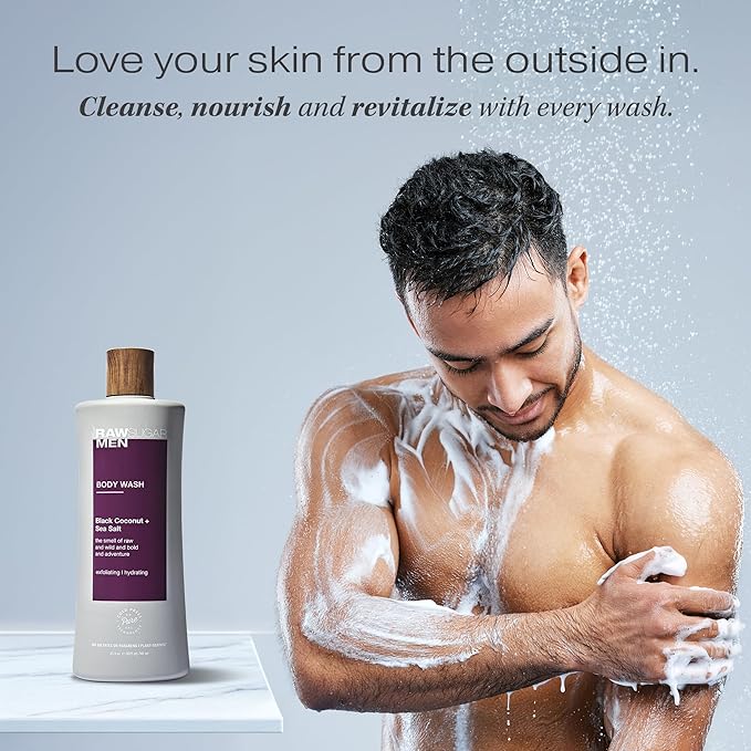 RAW SUGAR 3-Pack Body Wash Men - Black Coconut + Sea Salt Exfoliating and Hydrating Body Wash Formulated without Parabens Cruelty Free and Vegan