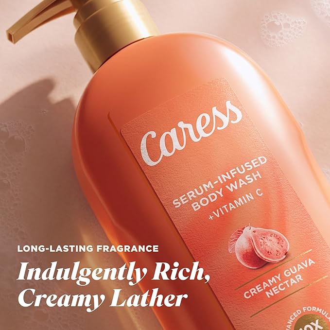 Caress Creamy Guava Nectar Moisturizing Body Wash with Pump Serum-Infused Formula with Vitamin C Fruity Citrus Woody Long Lasting Fragrance Dermatologist Tested 20 fl oz (4 Pack)