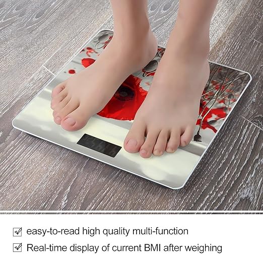 Red Poppy FlowerScale for Body Weight with LCD High Precision Weighing Scales Fashion Sturdy Tempered Glass Weight Scales Easy-to-Read Digital Bathroom Scale for Daily 400lb