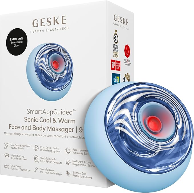 GESKE SmartAppGuided™ Sonic Cool &amp Warm Face &amp Body Massager | 9 in 1 | Electric Massager | Face &amp Body | Battery-Free Cooling &amp Warming | Firms Relaxes &amp De-Puffs Skin | with Sma