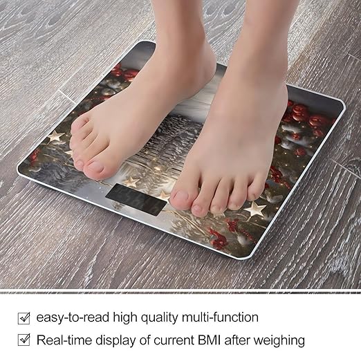 Christmas Wood Scale for Body Weight Safe Rounded Corners Tempered Glass Digital Bathroom Scale LED Display 400lb Capacity Weight Scales with High Precision Sensors