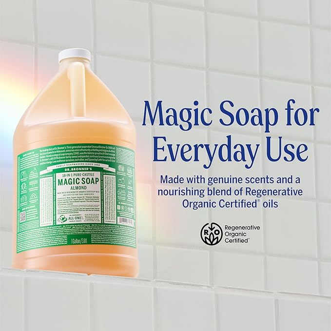 Dr. Bronner's Pure-Castile Magic Soap Liquid (Almond 1 Gallon) - Made with Regenerative Organic Certified Oils 18-in-1 Uses: Face Body Hair Laundry Pets and Dishes Concentrated Vegan Non-GMO