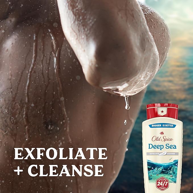 Old Spice Cleansing Body Wash for Men 24/7 Shower Fresh with Lasting Scent Exfoliate &amp Cleanse Gentle on Skin Vitamin B3 Deep Sea with Ocean Waves + Kelp Scent 18 oz (Pack of 4)