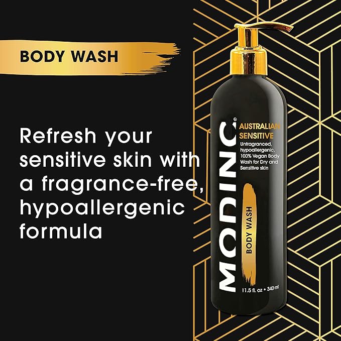 Modinc Luxury Body Wash Australian Sensitive Formula Unfragranced Hypoallergenic 100% Vegan Body Wash for Dry and Sensitive Skin Cruelty Free Pump 11.5 Ounces