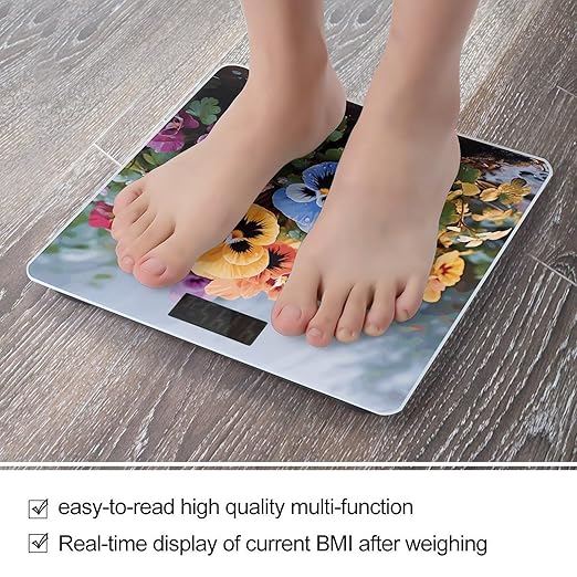 Pansy Flowers Bathroom Scale Large LCD Backlight Display Digital Scale Rounded Corners Body Scales Automatic Power On/Off Bathroom Scales for Home Bedrooms