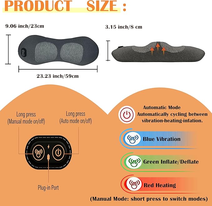 3 in 1 Lumbar Massage Pillow with Heat Deep Kneading Back Massager for Pain Relief Ergonomic Lumbar Support Cushion