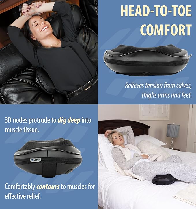 Zyllion Shiatsu Back and Neck Massager with Heat - 3D Electric Kneading Deep Tissue Massage Pillow with 8 Massaging Nodes for Muscle Pain Relief Black ZMA-25