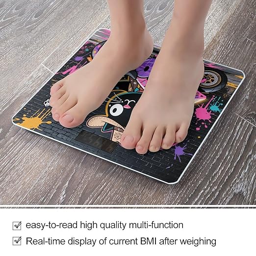 Cartoon Cat Riding Motorcycle Scale for Body Weight Sturdy Tempered Glass Weighing Scales with LCD Display Accurate Digital Bathroom Scale Convenient Body Fat Smart Scales Easy Read