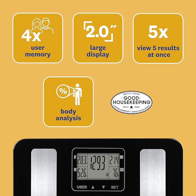 Weight Watchers Scales by Conair BathroomScale for Body WeightGlass Digital Scale with Body Analysis Measures Body Fat Body WaterBMI &amp Bone Mass for 4 Users Measures Weight up to 400 Lbs.in B