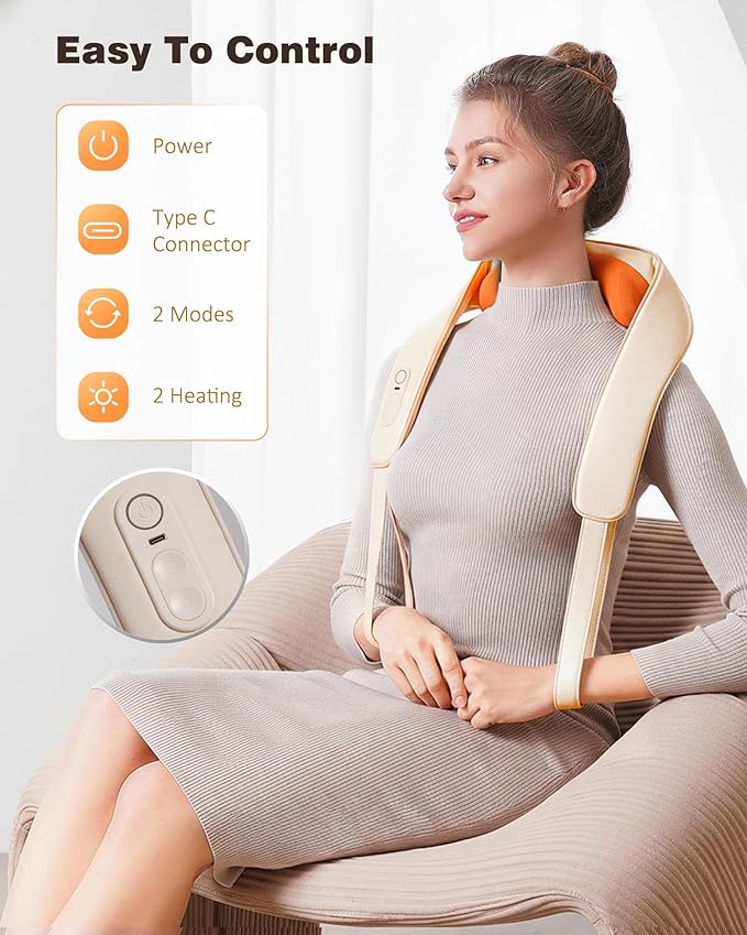 KNQZE Neck and Shoulder Massager with Heat Cordless Back and Neck Massager Upgraded Graphene Heating 4D Shiatsu Deep Kneading Massage for Shoulder Back Pain Relief (Beige)