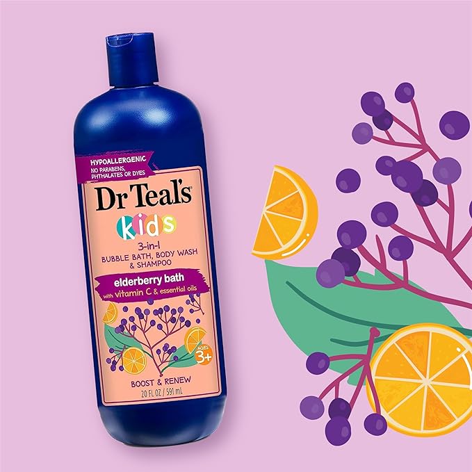 Dr Teal's Kids 3-in-1 Elderberry Bath: Bubble Bath Body Wash &amp Shampoo 20 fl oz. &amp Kids Gentle Epsom Salt Sleep Soak with Melatonin &amp Essential Oil Blend 2 lbs (Pack of 3)