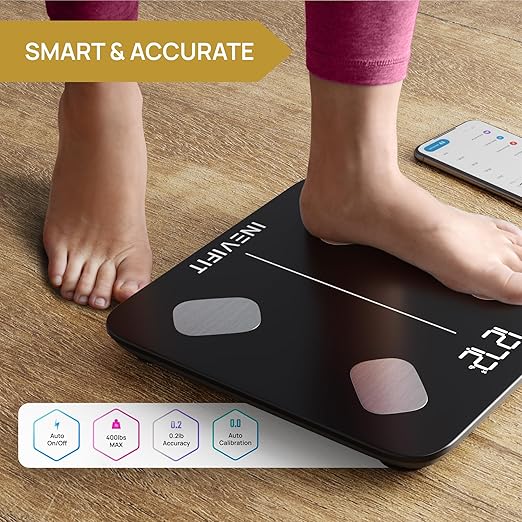 INEVIFIT Smart Body Fat Scale Highly Accurate Bluetooth Digital Bathroom Body Composition Analyzer Measures Weight Body Fat Water Muscle Visceral Fat &amp Bone Mass for Unlimited Users (Eco-Blk