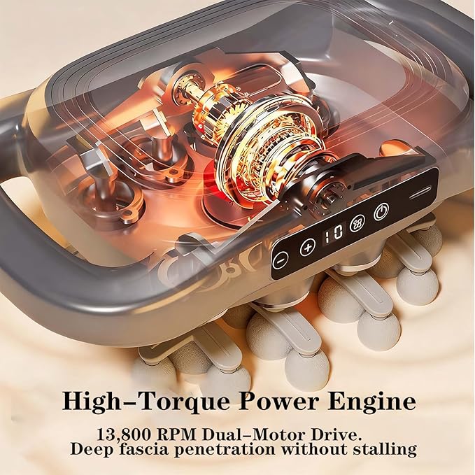 28-Head Deep Tissue Massager with Red Light Therapy Dual-Handle Percussion Massage Gun for Full Body Pain Relief 13800 RPM High Power 9 Speeds Type-C Rechargeable for Back Legs Foot