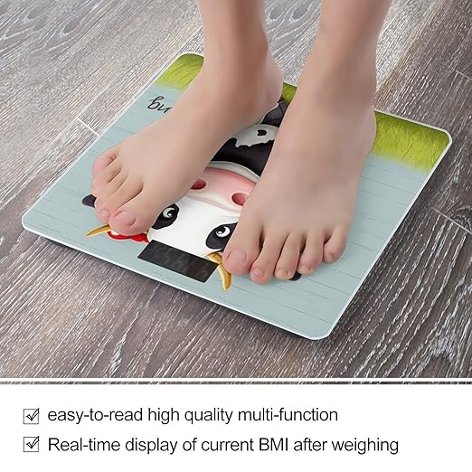 Cute Cow Bathroom Scale Automatic Power On/Off Body Scales LCD Backlight Display Square Digital Scale Rounded Corners Bathroom Scales for Home Bedrooms
