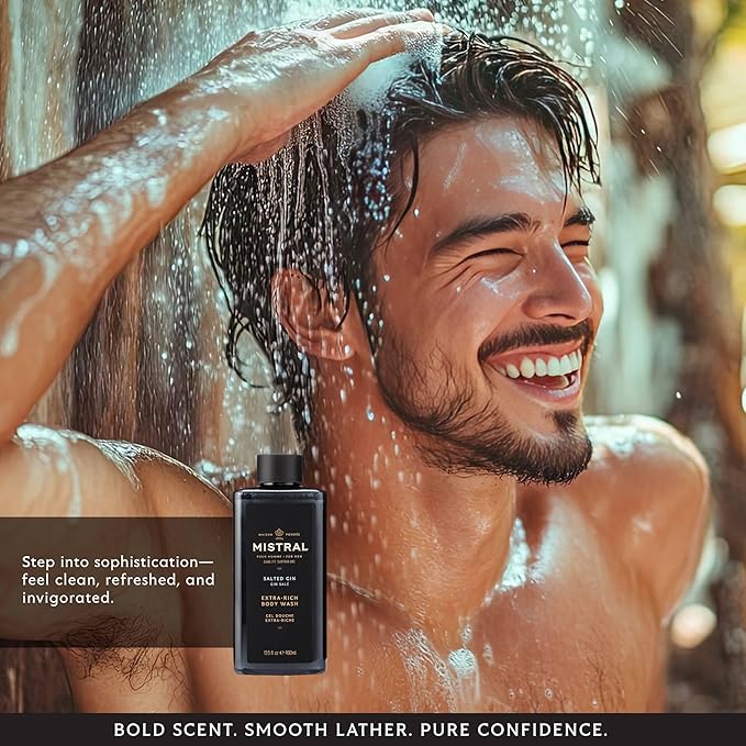 Mistral Men's Body Wash &amp Shampoo Salted Gin 13.5 oz | 2-in-1 Natural Shower Gel for Men | SLS Paraben &amp Phthalate Free | Natural Men’s Body Wash Moisturizing Bath Gel - Made in France