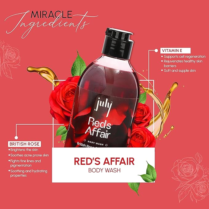 July Reds Affair Body Wash 300ml British Rose Vitamin E with Moisturizer Long Lasting Fragrance Exfoliating Shower Gel Nourishing Body Wash for Women &amp Men
