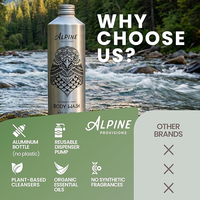 Alpine Provisions Natural &amp Organic Body Wash with Rosemary &amp Mint – Moisturizing Shower Gel with Aloe Vera Coconut Oil &amp Essential Oils – Vegan Sulfate-Free Plastic-Free – 16.9 fl oz